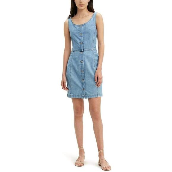 Levis Women Alisha Way Back When Dress Medium Blue Denim Button Down Mini Sheath - Picture 2 of 11